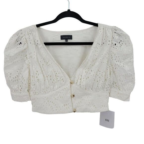 Majorelle Eyelet Krina Crop Top XS White Button Up Puff Sleeve Rockabilly Boho - Picture 2 of 15